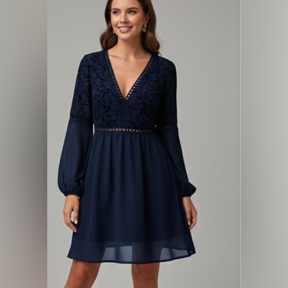 Guipure Lace Insert Lantern Sleeve Chiffon Dress Blue